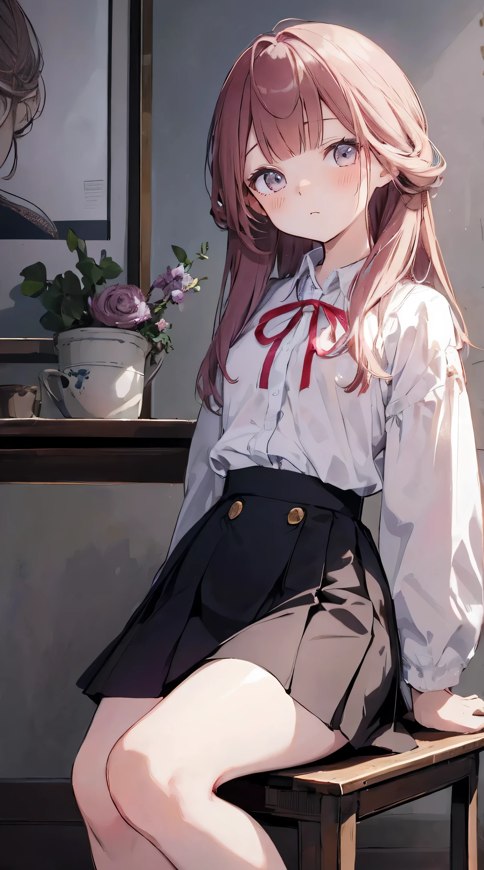 master piece、Highest image quality、highest quality、 ((panic))、glossy hair quality、small face、sitting、Super detailed and beautiful bright eyes、Super detailed clear and beautiful face、(cute illustration:1.2), High-resolution, ultra-detailed, best quality, embarrassed、(Skirt gaps)、(cute underwear)、physical education sitting