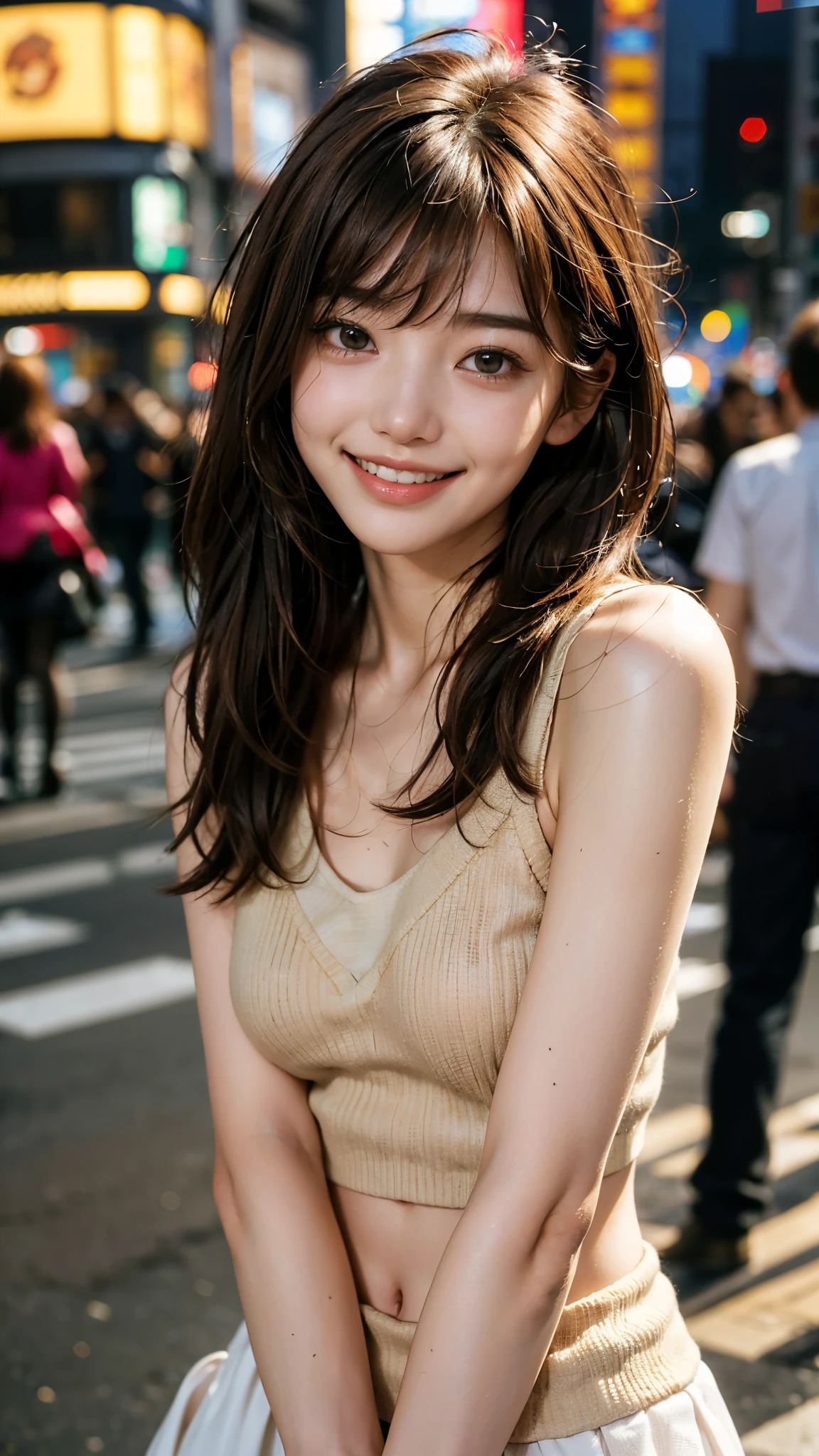 highest quality, masterpiece, ultra high resolution, (realistic:1.4), (close portrait) Raw photo, 1 girl,20-year-old,((Shibuya scramble crossing early in the morning with no one around)),((Asian Fashion)),messy hair,((Short straight hair, chestnut colored hair)),((Bangs short hair)),realistic,picture media chest)),((toothy smile)),((big smile))