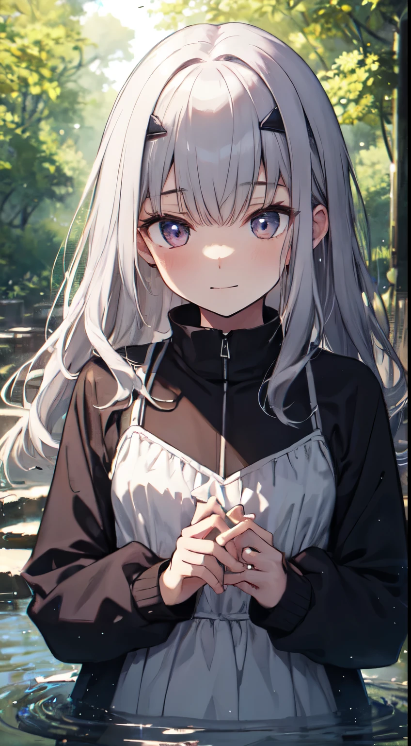 (masterpiece, highest quality:1.4), 8K, official art, Raw photo, disorganized, from below, girl, evil smile, Upper body, sitting, white summer dress, Wet, See-through, stone bridge, Remains, null, forest, stream, detailed shadow, Light leakage, perspective, Depth of the bounds written, sharp focus, High resolution, super detailed, finely, very detailed, (small eyes and face, sharp pupils, realistic student:0.6)、silver hair