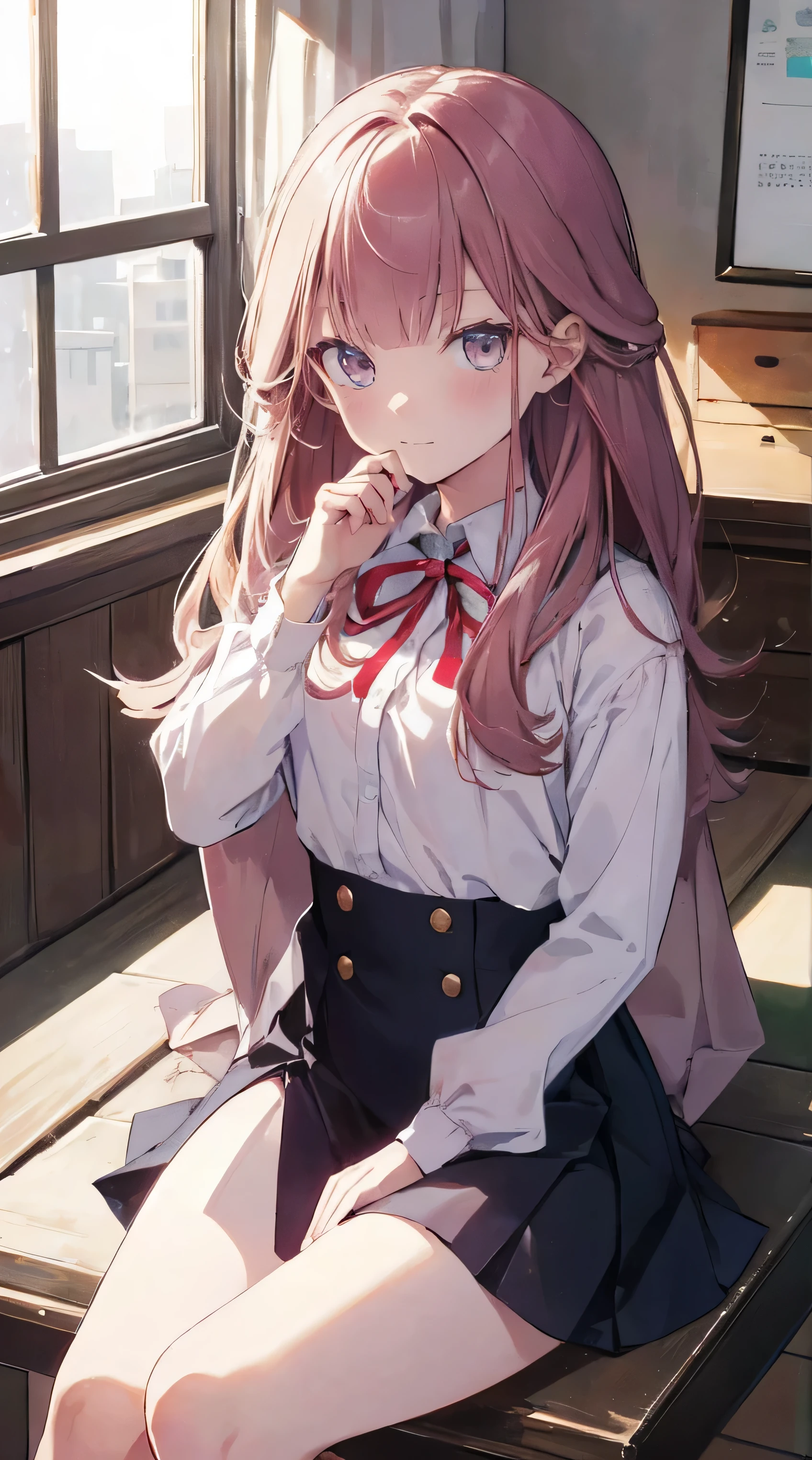 master piece、Highest image quality、highest quality、 ((panic))、glossy hair quality、small face、sitting、Super detailed and beautiful bright eyes、Super detailed clear and beautiful face、(cute illustration:1.2), High-resolution, ultra-detailed, best quality, embarrassed、(Skirt gaps)、(cute underwear)、physical education sitting