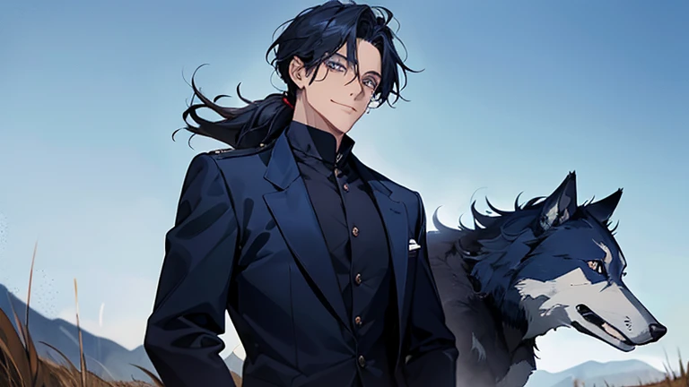 masterpiece, highest quality, confused, male,dark blue hair, low ponytail,Black and navy blue pilot suit,expensive,,Carrying wolves,He has a navy blue coat draped over his shoulders.,There&#39;There&#39;There&#39;there&#39;s no one behind me,dark blue eyes,smile a little,With the wolf,hill,grassland,blue sky
