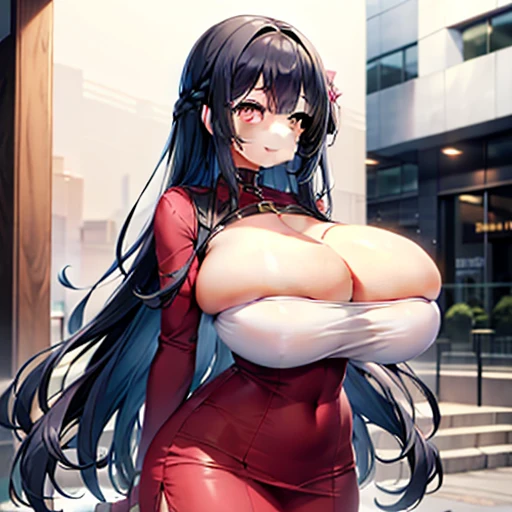 masterpiece, one girl with black hair, black hair (pink streaks in hair),, bursting breasts, very good quality, correct amount of fingers, random expression, random background, outdoors, winter, indoors, christmas theme, anime girl, kawaii, rosy cheeks, random posture, pink eyes, full body in frame, hourglass figure,