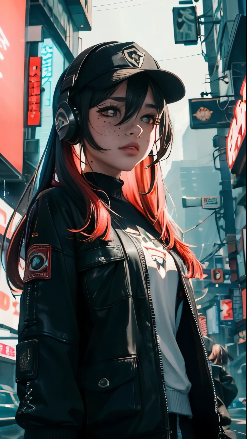 ((Best Quality)), ((Masterpiece)), perfect eyes, detailed eyes:1.4, ((freckles)), woman, hightech visor, high tech, hacker, irezumi, tattoo, techwear, headphones, messy hair, multicolored hair, green hair, black jacket, gradient hair, leather clothes, (High Definition:1.3), 3D, Beautiful (Cyberpunk:1.3), Colored hair, militar, black clothes looking at camera, hacker woman, sticking out, sexual, seduction, neo tokyo