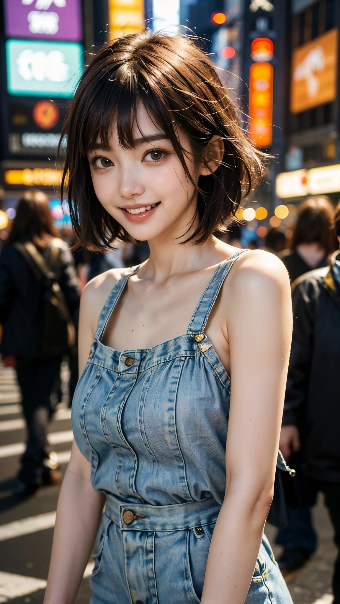 highest quality, masterpiece, ultra high resolution, (realistic:1.4), (close portrait) Raw photo, 1 girl,20-year-old,((Shibuya scramble crossing early in the morning with no one around)),((Asian Fashion)),messy hair,((Short straight hair, chestnut colored hair)),((Bangs short hair)),realistic,picture media chest)),((toothy smile)),((big smile))