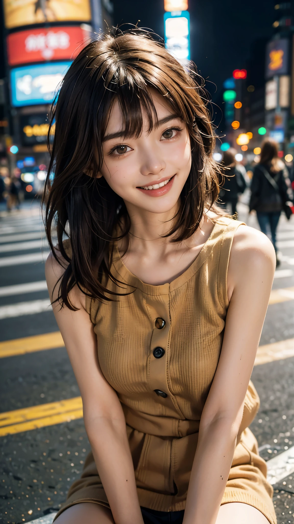 highest quality, masterpiece, ultra high resolution, (realistic:1.4), (close portrait) Raw photo, 1 girl,20-year-old,((Shibuya scramble crossing early in the morning with no one around)),((Asian Fashion)),messy hair,((Short straight hair, chestnut colored hair)),((Bangs short hair)),realistic,picture media chest)),((toothy smile)),((big smile))