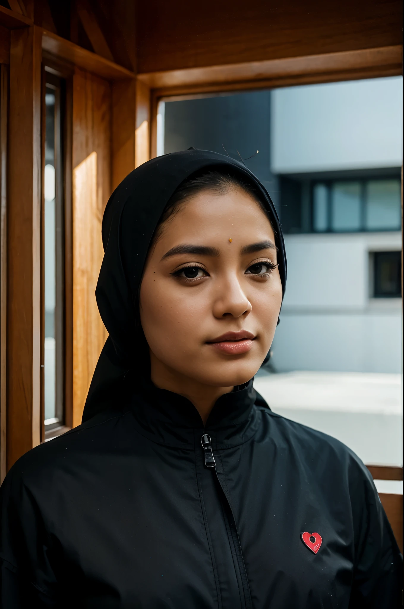 Best Quality, Masterpiece, Ultra High Resolution, hijab, black hijab, casual outfit, medium close shot, looking to viewer,