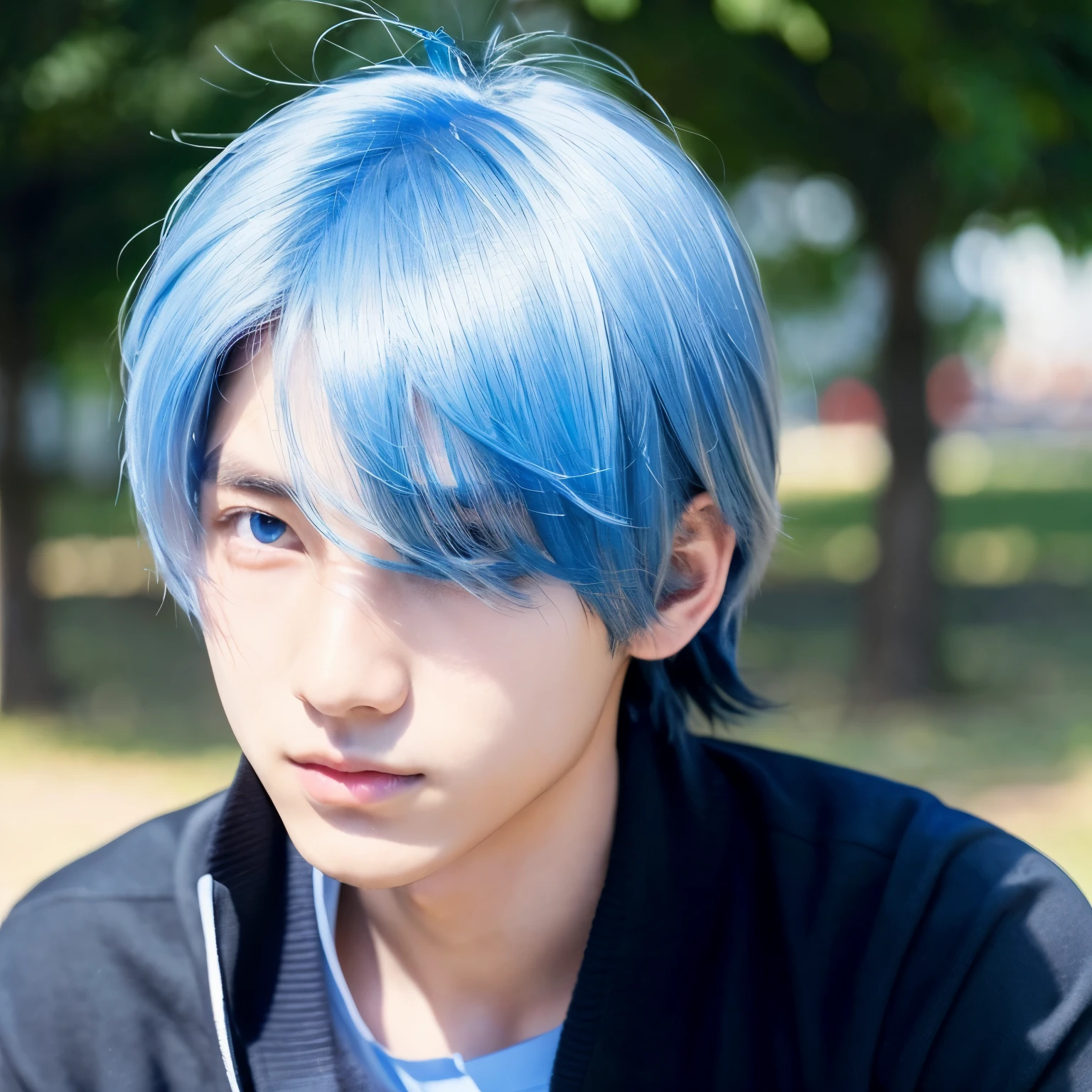In high school boys、Half of my hair is white、half black、One of his eyes is blue、One eye is blue。Slender。Handsome guy。