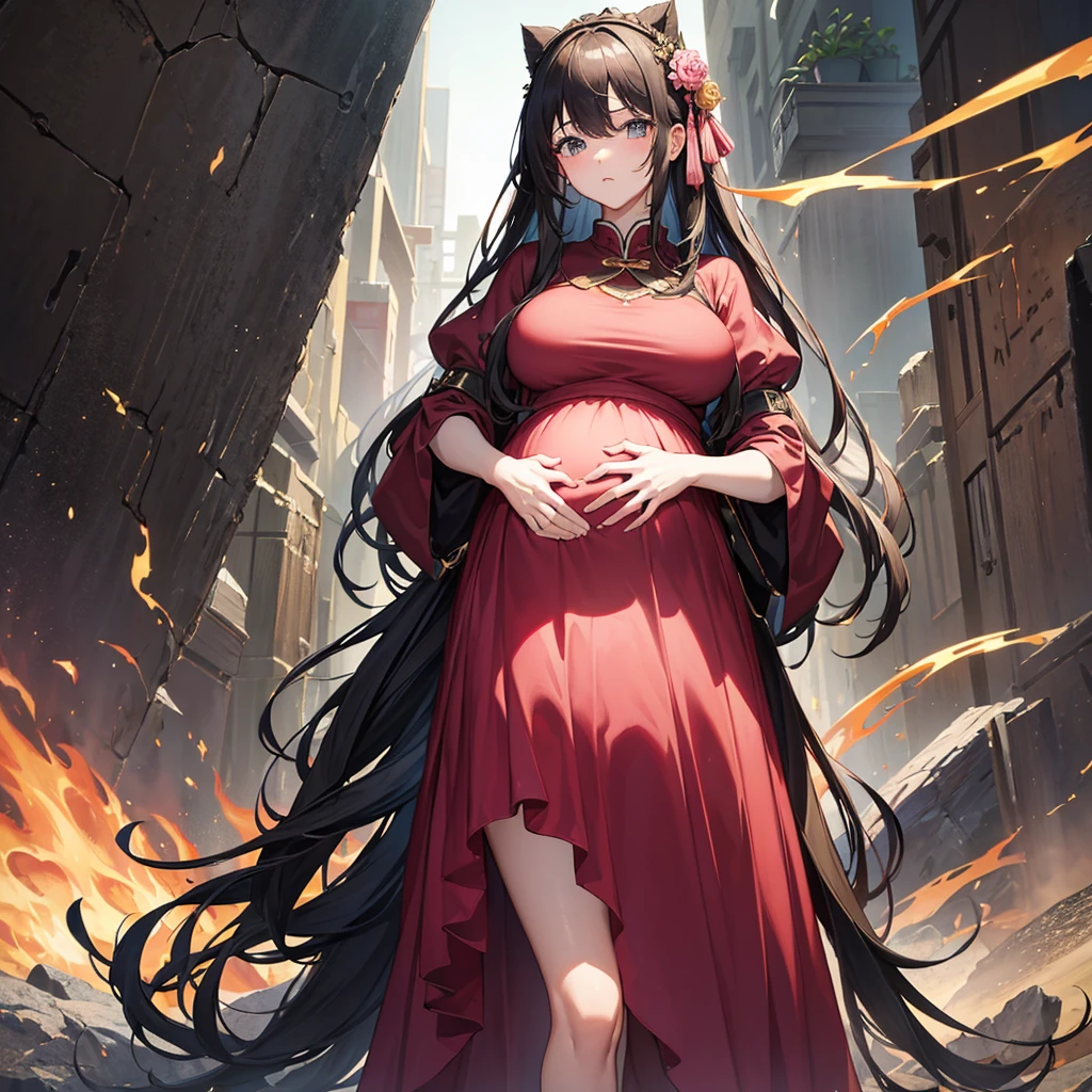 (masterpiece, best quality:1.2), 1 girl, alone,standing_, , long hair，Black无袖短背心，Pink skirt，Black，(Pregnant，huge breasts：1.8)