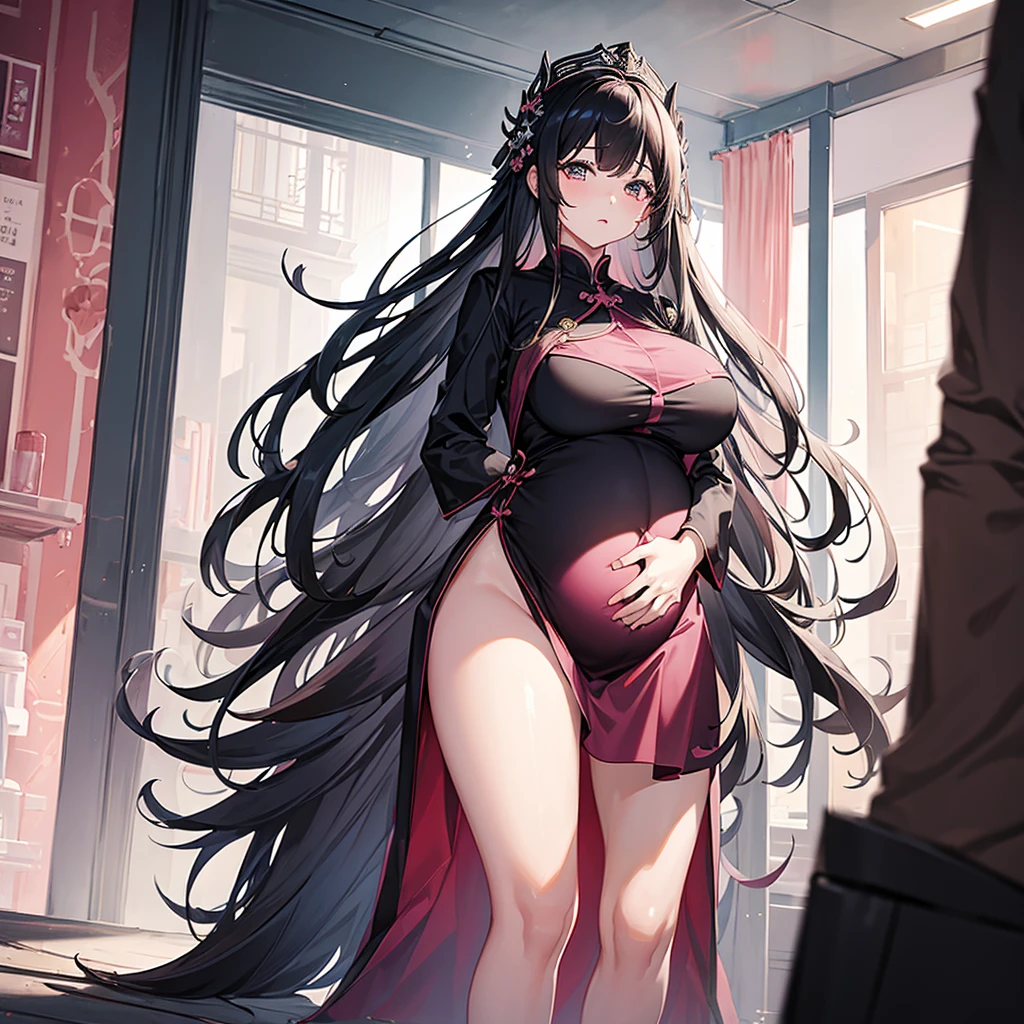 (masterpiece, best quality:1.2), 1 girl, alone,standing_, , long hair，Black无袖短背心，Pink skirt，Black，(Pregnant，huge breasts：1.8)