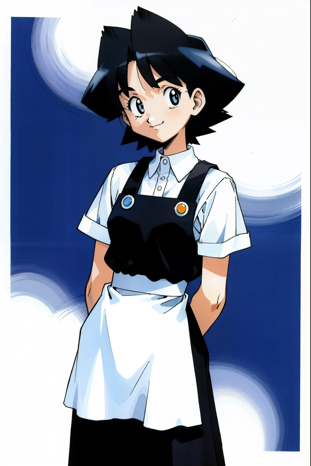 by Ken Sugimori, sugimori 1990s, ((only 1woman)), white collared shirt, black apron, smiling ((hands behind their back)), full black pupils, manga, best quality, highly detailed, clean lines, cowboy shot, good hands, good eyes, hd, 8k, professional, symmetrical, hires, 8k,