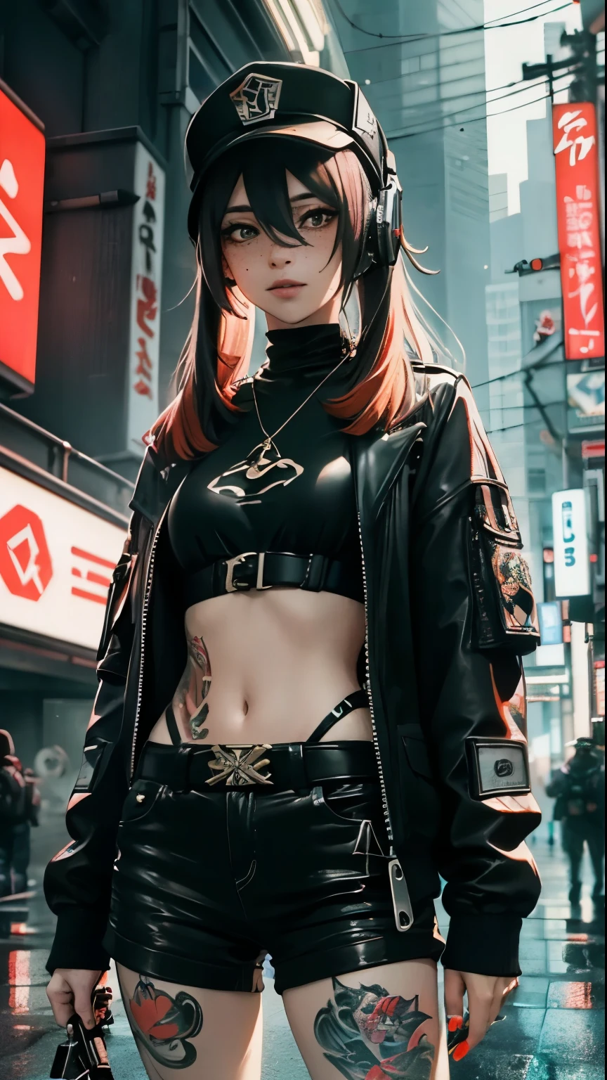 ((Best Quality)), ((Masterpiece)), perfect eyes:1.2, detailed eyes:1.4, ((freckles)), woman, hightech visor, high tech, hacker, irezumi, tattoo, techwear, headphones, messy hair, multicolored hair, green hair, black jacket, gradient hair, leather clothes, (machine gun), (High Definition:1.3), 3D, Beautiful (Cyberpunk:1.3), Colored hair, militar, black clothes looking at camera, hacker woman, sticking out, sexual, seduction, neo tokyo