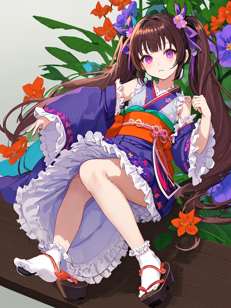 cute girl、Sharp purple eyes、Brown medium-long hair in twin tails with blue ribbons、The green mini kimono embroidered with orange flowers is sleeveless and has a frilly skirt that shows her side boob.、White long tabi socks、Black wooden clogs、
