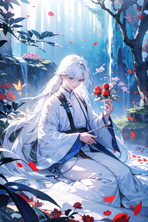 1boys，（long whitr hair），Pale ager，Dark clothes，（（（Rose blanche））），white  shirt，The screen contrast is low，High brightness，Long white hair，Rose flower，bloods，Light blue leaves，softlighting，misterious ambience，Chinese landscape, En plein air, Flowers and trees, waterfallr,butterflys， Portrait, color difference, Depth of field, dramatic shadow, Ray tracing, Best quality, Cinematic lighting, Extremely detailed CG, 8K wallpaper,，