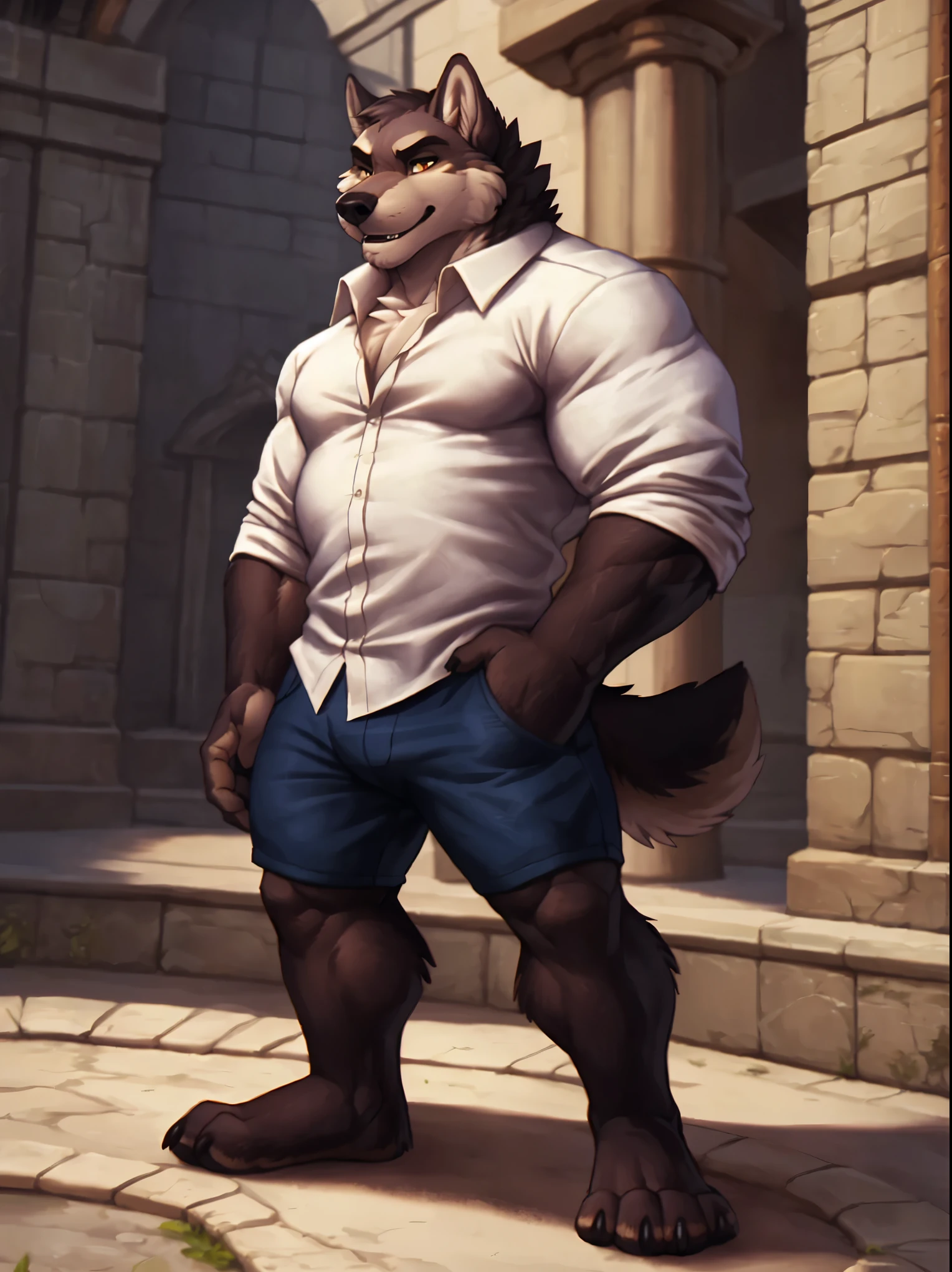 Huge muscular wolf, solo, standing, white shirt, male focus, shirts, collared shirt, hands in pockets, two-tone fur, by zackarry911, by zaush, (by personalami:0.5), (soft shading), 4k, hi res, detailed eyes