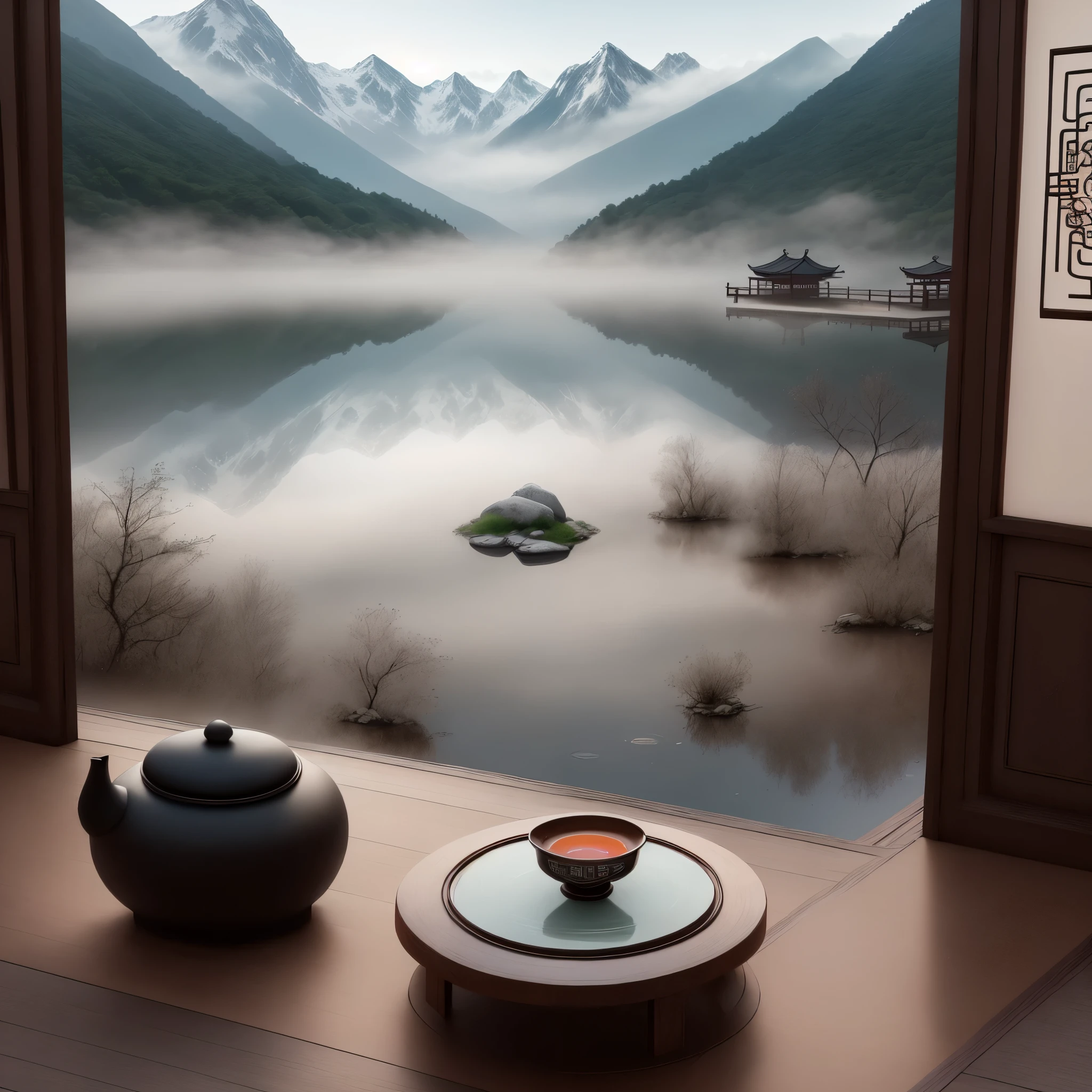 A small lake surrounded by fog,The mountains in the distance are clearly visible. There is a Chinese pavilion in the center of the lake. It has a table and two cushions. There is a Go board on the table, The stone is black and white jade, And some tea.