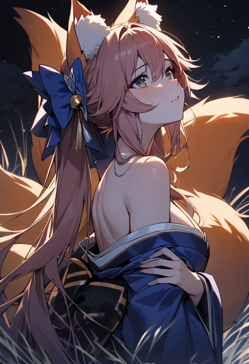 ((masterpiece,highest quality, be familiar with)),
night sky,full moon,Japanese silver grass field, Looking up at the sky in the upper left, Upper body,tamamo no mae, kimono, tall,blue bow, kimono, very long hair, ((Three Tails,thick,fox tail)), wide sleeve, off shoulder, hair ornaments, bell