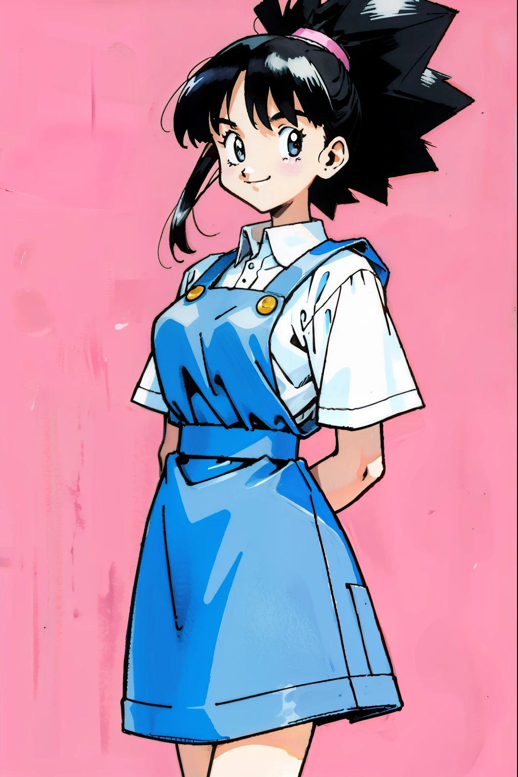 by Ken Sugimori, sugimori 1990s, ((only 1woman)), white collared shirt, black apron, smiling ((hands behind their back)), full black pupils, manga, best quality, highly detailed, clean lines, cowboy shot, good hands, good eyes, hd, 8k, professional, symmetrical, hires, 8k,