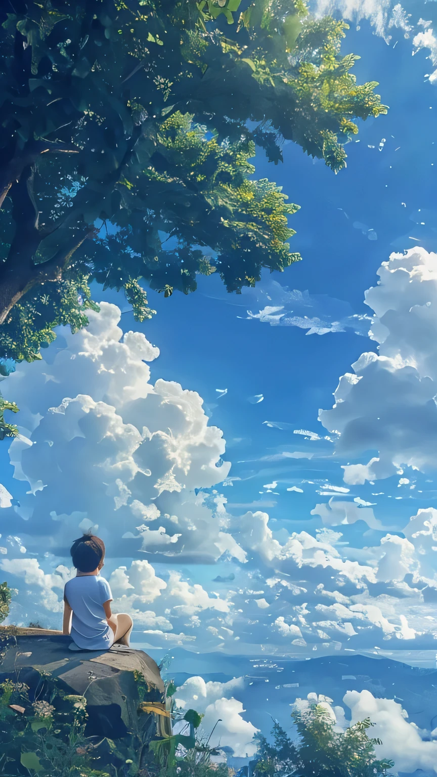 A sitting cat and a boy