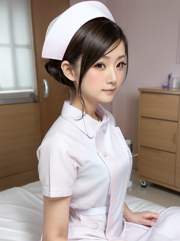 (Chiaki), 20th generation women,1 girl,(Wearing white nurse clothes:1.2),(Raw photo, highest quality), (realistic, photo-realistic:1.4), masterpiece, very delicate and beautiful, very detailed, 2k wallpaper, wonderful, finely, very detailed CG unity 8k wallpaper, Super detailed, High resolution, soft light, beautiful detailed girl, very detailed eyes and face, beautifully detailed nose, finely beautiful eyes, nurse, perfect anatomy, black hair, up style, nurse uniform, ((nurse cap)), long skirt, nurse, white costume, thin, hospital, clear, White uniform, hospital room, Neck auscultation,close up face