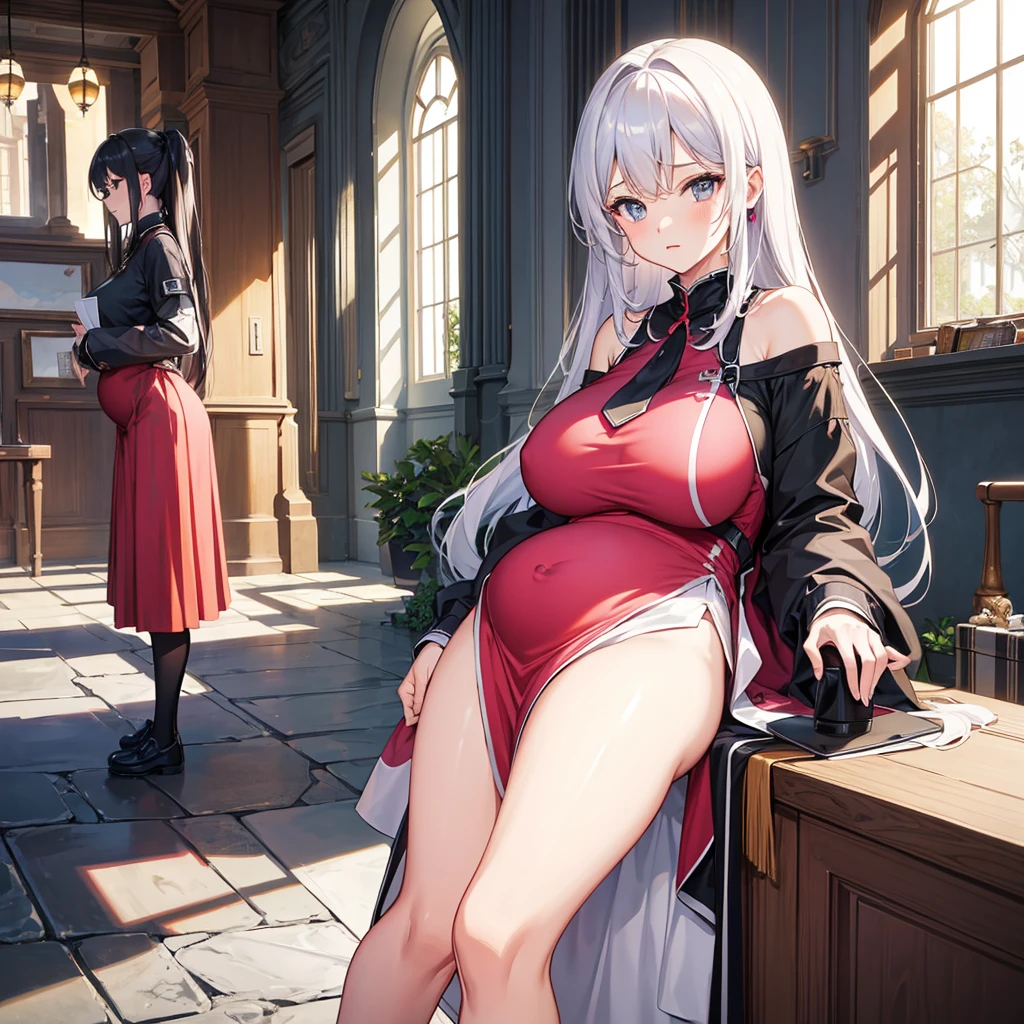 (masterpiece, best quality:1.2), 1 girl, alone,standing_, , long hair,Black无袖短背心,Pink skirt,Black,(Pregnant,huge breasts:1.8)