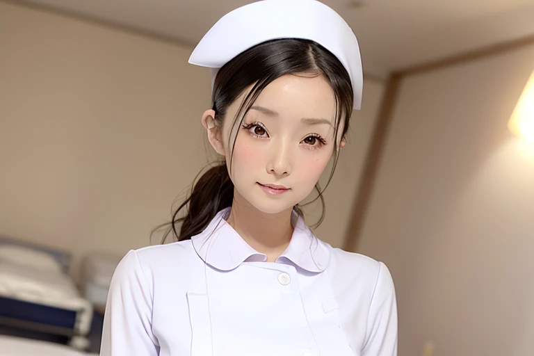 (Chiaki), 20th generation women,1 girl,(Wearing white nurse clothes:1.2),(Raw photo, highest quality), (realistic, photo-realistic:1.4), masterpiece, very delicate and beautiful, very detailed, 2k wallpaper, wonderful, finely, very detailed CG unity 8k wallpaper, Super detailed, High resolution, soft light, beautiful detailed girl, very detailed eyes and face, beautifully detailed nose, finely beautiful eyes, nurse, perfect anatomy, black hair, up style, nurse uniform, ((nurse cap)), long skirt, nurse, white costume, thin, hospital, clear, White uniform, hospital room, Neck auscultation,close up face