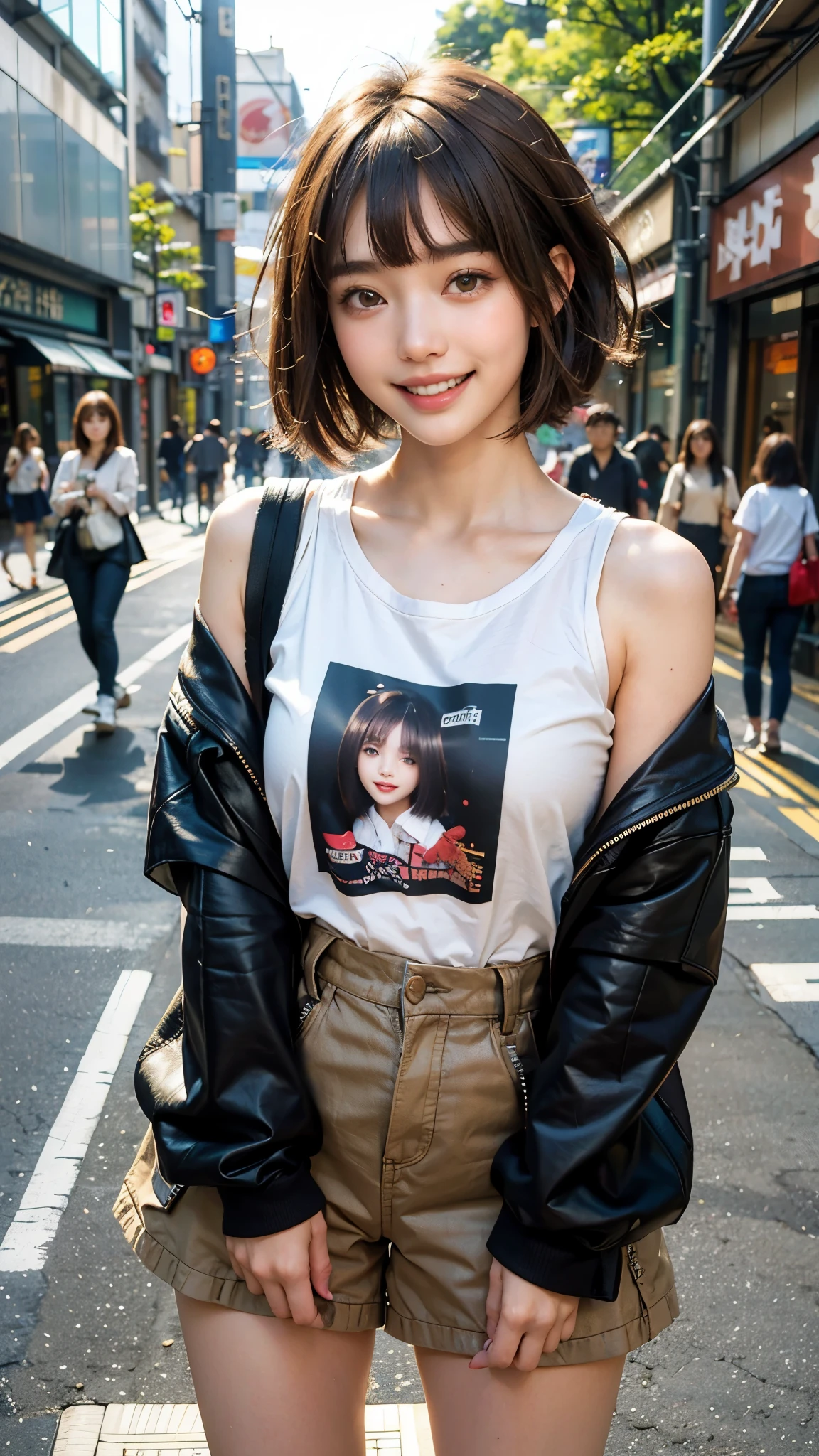 highest quality, masterpiece, ultra high resolution, (realistic:1.4), (close portrait) Raw photo, 1 girl,20-year-old,((Takeshita Street in Harajuku on a holiday)),((Asian Fashion)),messy hair,((Short straight hair, chestnut colored hair)),((Bangs short hair)),realistic,picture media chest)),((toothy smile)),((big smile))