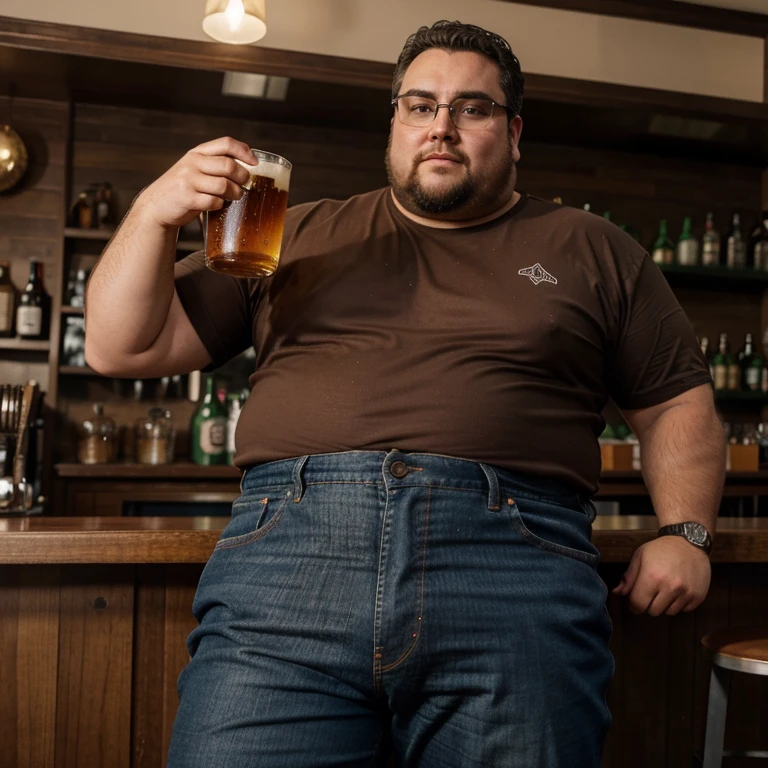 Homem alto e acima do peso, with square glasses, jeans and formal blouseMake a man with obesity. Esse homem deve estar usando roupa vermelha. Ele deve estar dentro de um bar. He's drinking beer. Foto ultra realista, qualidade 8k, Full HD, efeito cinema na imagem