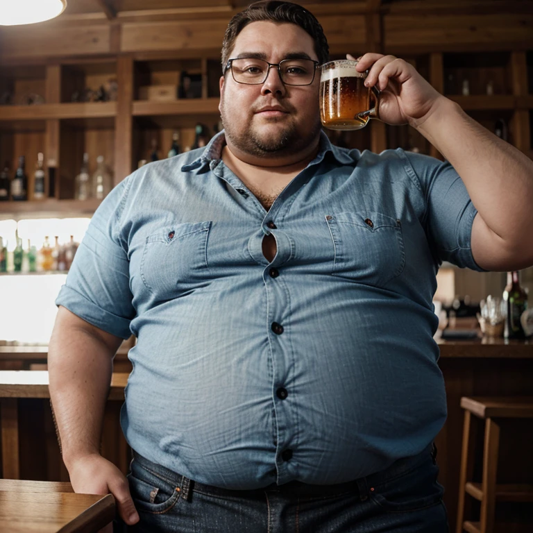 Homem alto e acima do peso, with square glasses, jeans and formal blouseMake a man with obesity. Esse homem deve estar usando roupa vermelha. Ele deve estar dentro de um bar. He's drinking beer. Foto ultra realista, qualidade 8k, Full HD, efeito cinema na imagem