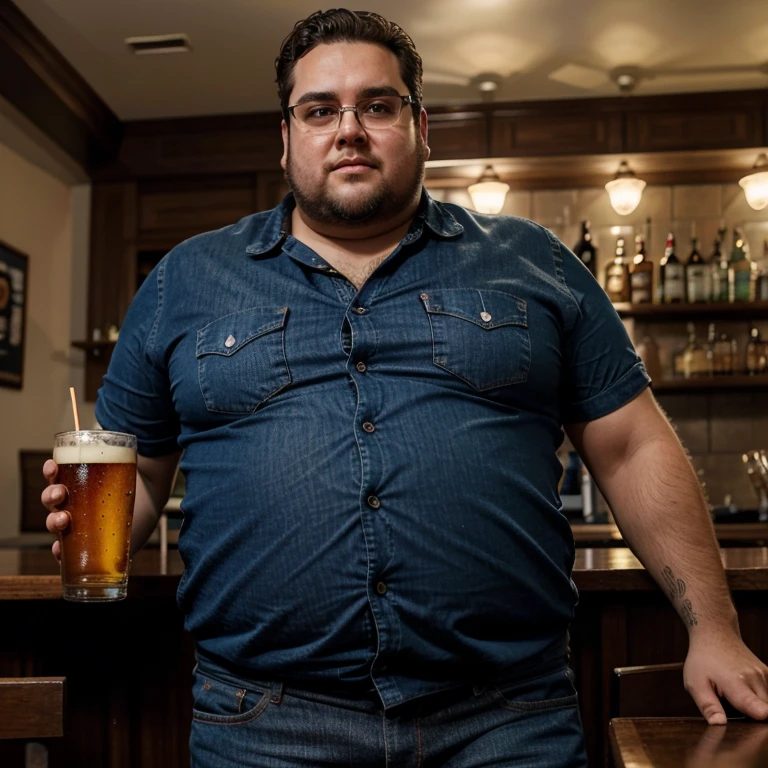 Homem alto e acima do peso, with square glasses, jeans and formal blouseMake a man with obesity. Esse homem deve estar usando roupa vermelha. Ele deve estar dentro de um bar. He's drinking beer. Foto ultra realista, qualidade 8k, Full HD, efeito cinema na imagem