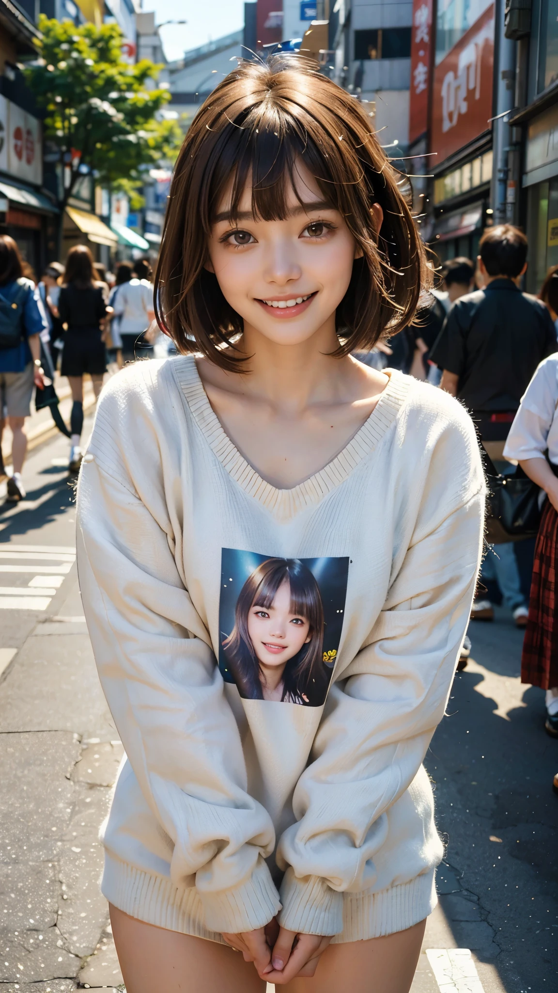 highest quality, masterpiece, ultra high resolution, (realistic:1.4), (close portrait) Raw photo, 1 girl,20-year-old,((Takeshita Street in Harajuku on a holiday)),((Asian Fashion)),messy hair,((Short straight hair, chestnut colored hair)),((Bangs short hair)),realistic,picture media chest)),((toothy smile)),((big smile))