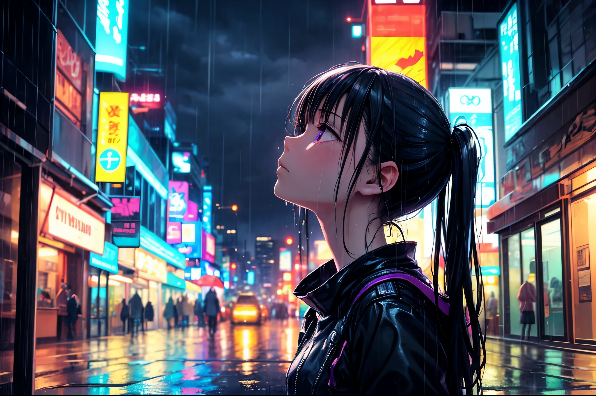 Downtown, Night
night, night
purplish neon lights,.
rain is falling, the
Cute girl, cyberpunk style
looking up at the sky,
Rain soaked, Sad expression, Sad face, Rainy sky, Rainy sky, Rainy sky, Sad face, Rainy sky.
Sad expression,
Detail of facial expression, Describing, Best description
Best description,.