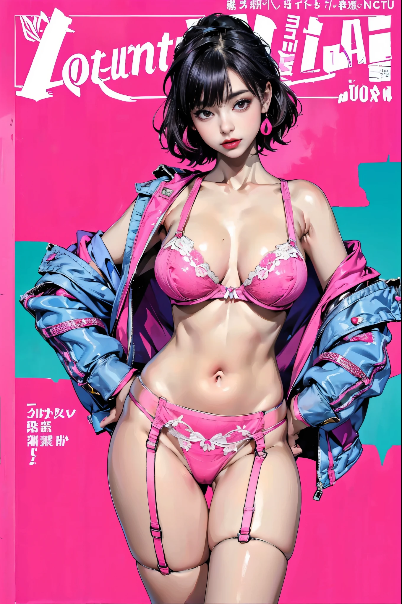 nsfw, (masterpiece:1,2, best quality), (magazine cover), (colorful Magazine cover with lots of text), brilliant colorful paintings, Comic cover style, glamorous, seductive, stylish, chic, high-fashion, alluring, elegant, trendy, fashionable, radiant, head-turner, dazzling, sophisticated, stunning, dramatic, bold, A Japanese-mix gravure idol who is 20 years old, (She has a kawaii, doll-like appearance with a  and slim yet fit body), ((With her busty D-cup breasts and expressive eyes)), she's a head-turner, Her makeup is always perfect, enhancing her natural beauty, (((She's seen posing for a photoshoot in a sexy lingerie set with a garter belt, matching bra, and panty lingeries in a striking neon pink color))), (highly detailed:1,2)