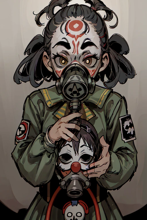 highest quality, High resolution,clown、Full face gas mask、clown、uniform、wearing a full-head gas mask,  skulls

