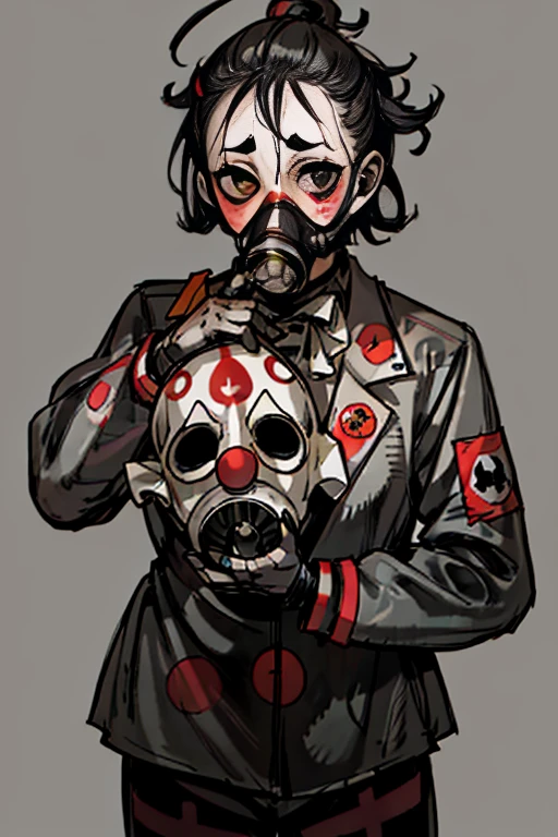 highest quality, High resolution,clown、Full face gas mask、clown、uniform、wearing a full-head gas mask, skulls