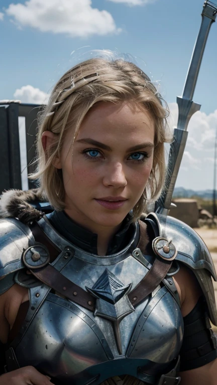 belligerent girl, Valkyrie, bold and beautiful, Short blond hair, Blue eyes, smile, Predator's Gaze, Developing hair, A look over the shoulder, Sparkling steel, Bow and arrows, weapon, heat of battle, battle, Clouds, realistic photo, high quality, masterpiece, detailed study.