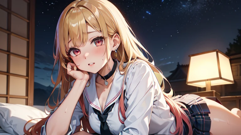 master piece,best quality,ultra detailed,8k, ambient light,realistic skin,glossy skin, 
（kitagawa marin, 1girl, blonde hair, long hair, multicolored hair, red eyes, jewelry, earrings, piercing, , white shirt, tied shirt, black choker, blue necktie, plaid skirt）、（sailor senshi uniform）、Clothes are severely torn、
 （lie on bed）、upper body、from front、（the body is very wet：1.3）、constriction、（delicate body：1.3）、small bust、emphasizing the cleavage、 glossy lips、Slightly emphasize the lower lip、blush、embarrassed expression、
fantastic night sky、full moon、aurora、horizon、open-air bath、Japanese inn、Castle、futon