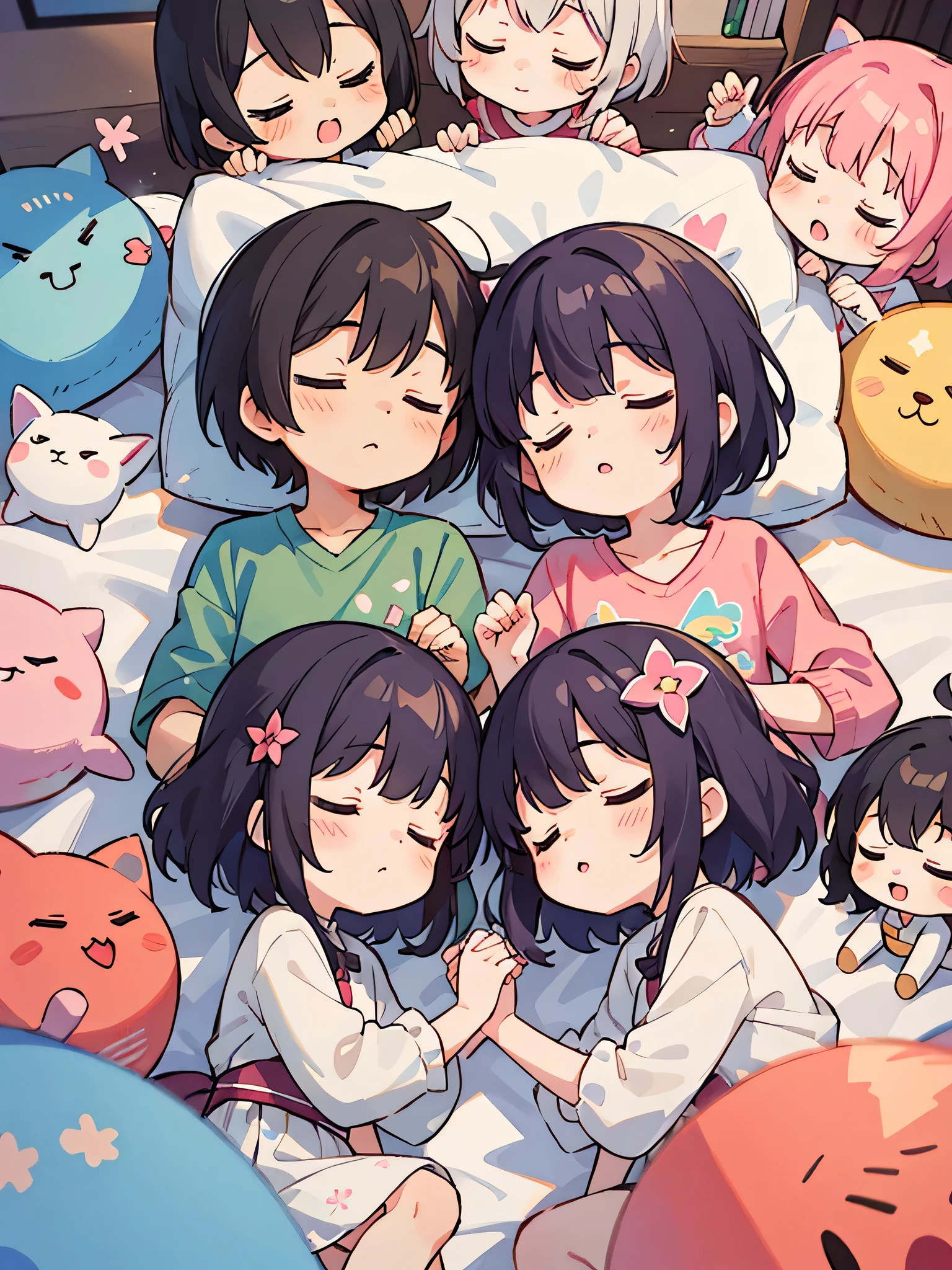 Momoko Sakura style, Kawaii Design, (((10 people)))、most beautiful girl ever、Chibi, Colorful bob hair、((Lots of friends))、children's room、(((Sleeping together as a family)))