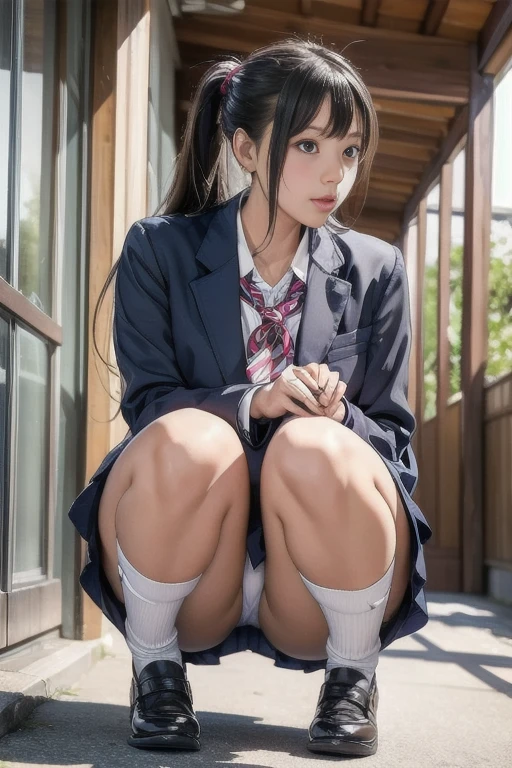 japanese 18 yo woman,cosplay japanese high school girl uniform,squatting,(knees and thighs together:1.2),upskirt from under skirt,hallway of high school,shot from low angle,(focus on her crotch:1.1),she show off knees,sticking out knees foward,press both knees together,press both thighs together,(hands on her knees:1.2)