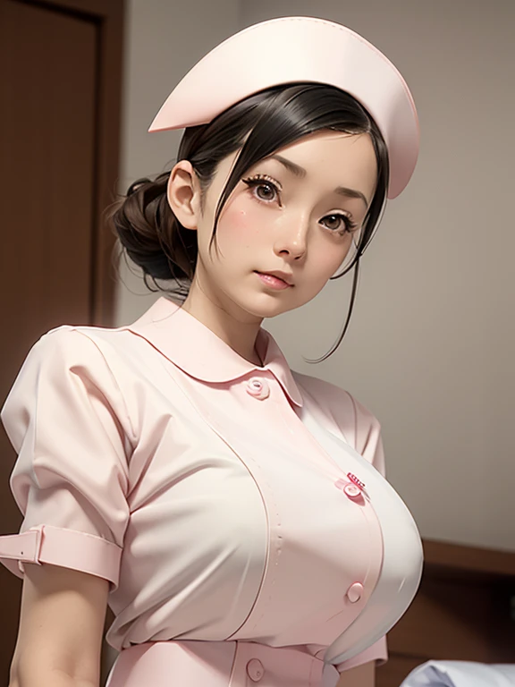 (Chiaki), 20th generation women,1 girl,(Wearing white nurse clothes:1.2),(Raw photo, highest quality), (realistic, photo-realistic:1.4), masterpiece, very delicate and beautiful, very detailed, 2k wallpaper, wonderful, finely, very detailed CG unity 8k wallpaper, Super detailed, High resolution, soft light, beautiful detailed girl, very detailed eyes and face, beautifully detailed nose, finely beautiful eyes, nurse, perfect anatomy, black hair, up style, nurse uniform, ((nurse cap)), long skirt, nurse, white costume, thin, hospital, clear, White uniform, hospital room, Neck auscultation,close up face