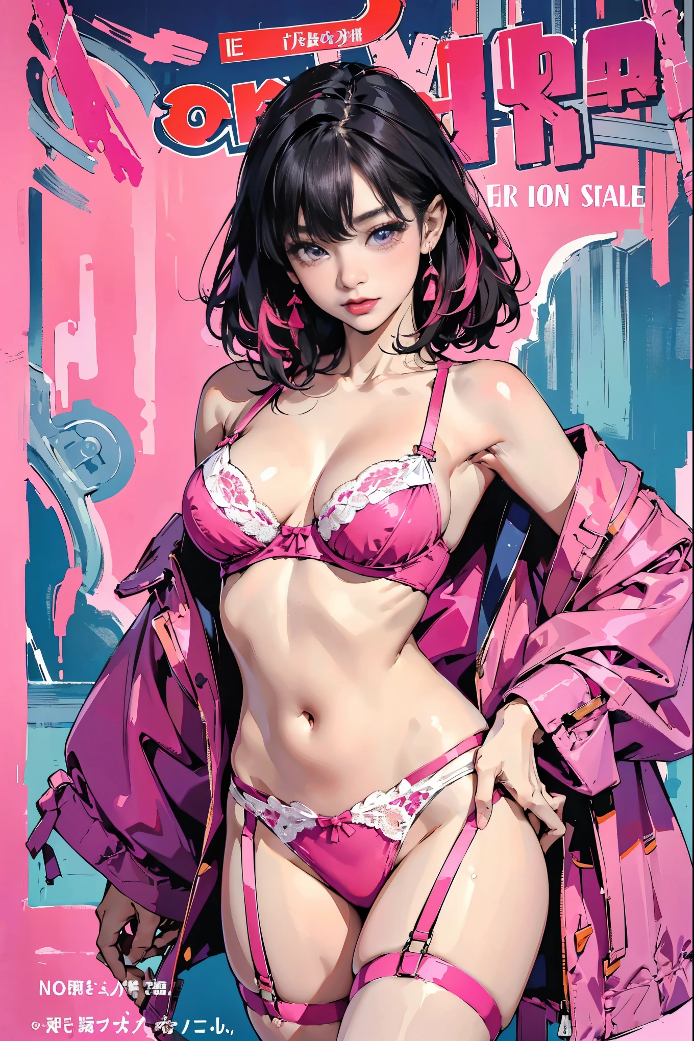 nsfw, (masterpiece:1,2, best quality), (magazine cover), (colorful Magazine cover with lots of text), brilliant colorful paintings, Comic cover style, glamorous, seductive, stylish, chic, high-fashion, alluring, elegant, trendy, fashionable, radiant, head-turner, dazzling, sophisticated, stunning, dramatic, bold, A Japanese-mix gravure idol who is 20 years old, (She has a kawaii, doll-like appearance with a  and slim yet fit body), ((With her busty D-cup breasts and expressive eyes)), she's a head-turner, Her makeup is always perfect, enhancing her natural beauty, (((She's seen posing for a photoshoot in a sexy lingerie set with a garter belt, matching bra, and panty lingeries in a striking neon pink color))), (highly detailed:1,2)