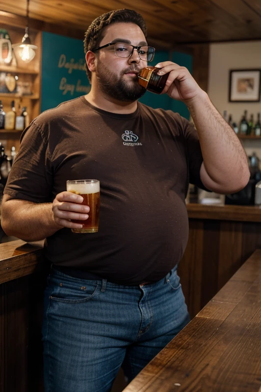 Homem alto e acima do peso, with square glasses, jeans and formal blouseMake a man with obesity. Esse homem deve estar usando roupa vermelha. Ele deve estar dentro de um bar. He's drinking beer. Foto ultra realista, qualidade 8k, Full HD, efeito cinema na imagem, diferente perspectivas.