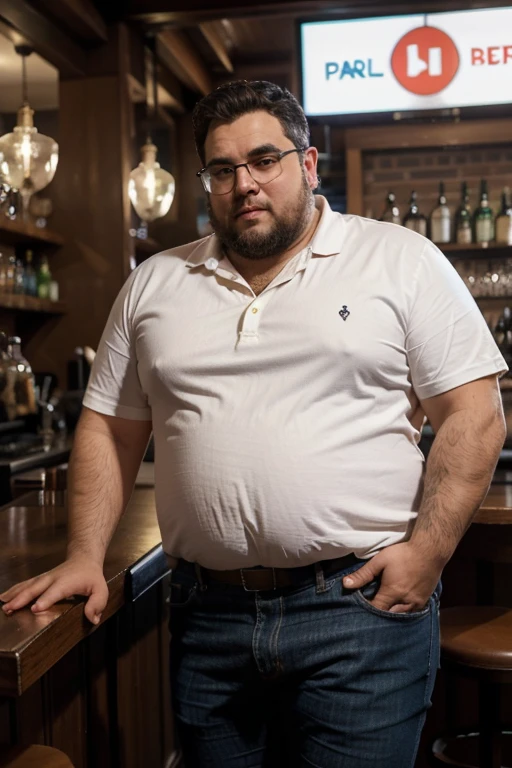 Homem alto e acima do peso, with square glasses, jeans and formal blouseMake a man with obesity. Esse homem deve estar usando roupa vermelha. Ele deve estar dentro de um bar. He's drinking beer. Foto ultra realista, qualidade 8k, Full HD, efeito cinema na imagem, diferente perspectivas.