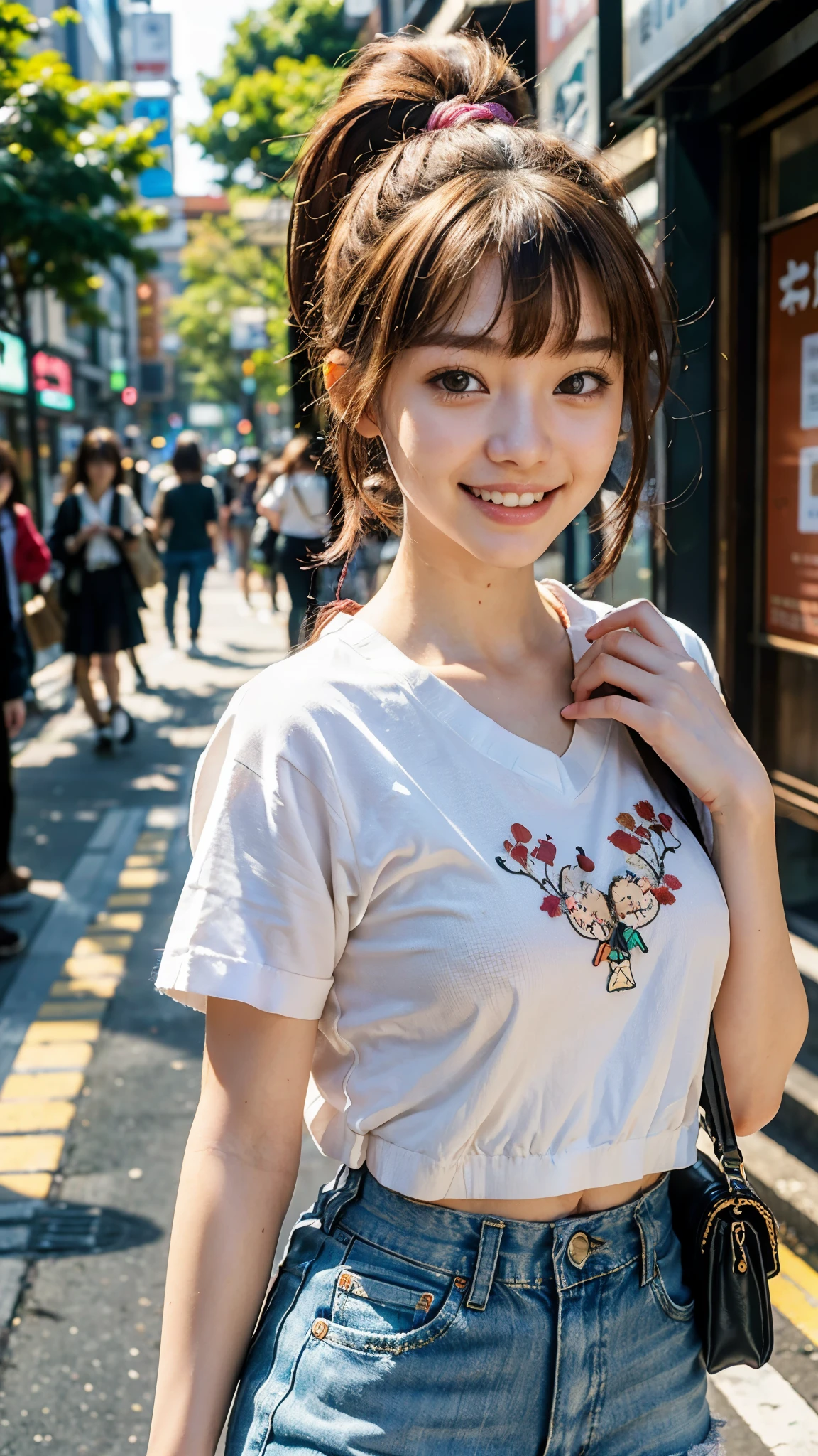 Produce the highest quality and highest resolution 8K images。Please draw the upper body of a 20 year old Japanese woman.。Please draw an image of a smiling person walking through a park at sunset.。She has brown eyes and a model figure.、She has an idol-level cute face.。The hair is wavy。What to wear、Orange short sleeve T-shirt and pants。Skin has a healthy color。