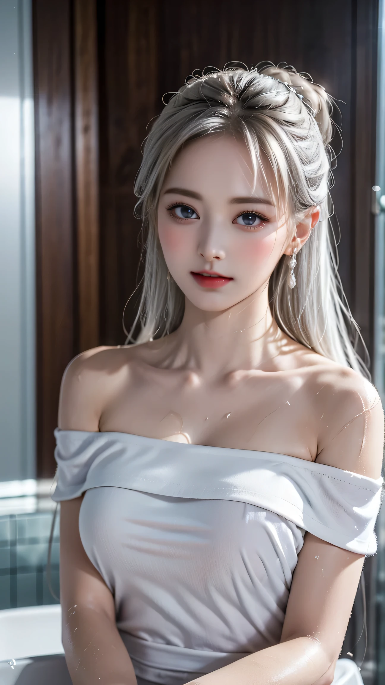 ((Girl showering in the bathroom))、top quality work，Real work，Ultra Premium Graphics，8K HD CG works，High quality graphics，High-definition CG works，super fine details：1.1，Advanced technical details：1.1Photo-realistic，Natural light：1.5. light effect（virtual light effect：1.8），超A high resolution，長いsilver hair，silver hair，transparent hair，high detail hair（premium hair detail：1.1）clear eyes，beautiful double eyelids，sharp eye makeup, delicate eyelash makeup, thin eyebrows, highly detailed eyes，high nose, nice red lips, rose cheeks, A face with delicate makeup , cute face, perfectly proportioned face,（Advanced facial details：1.1），shiny，summer sexy，((Wet off-shoulder semi-transparent white tank top))、((Wet white panties are visible)),photo shoot，woman&#39;artwork of，full body figure，realism，wonderful，My eyes are shining today、((she is wet))、（nipple),（(Pink nipple is visible through the)),