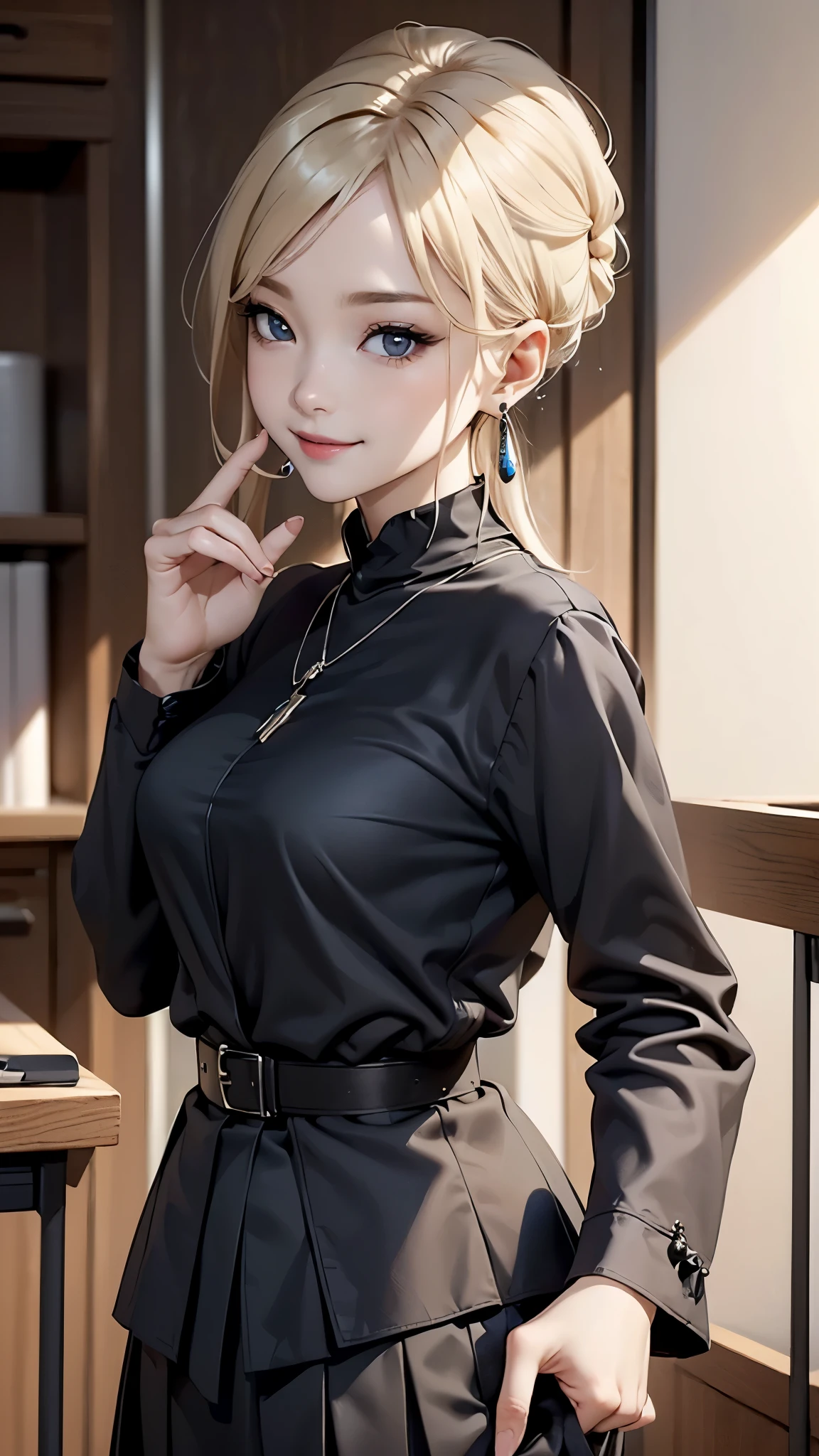 ((Biologically correct limb and finger count))、((standing position))、masterpiece、((focus on the face))、((Symmetrical facial features))、Eyes with detailed description、Beautiful woman、outstanding style、Detailed depiction of faces、earrings、necklace、(shirt、black suit、skirt)、smile、Work scene in the office,