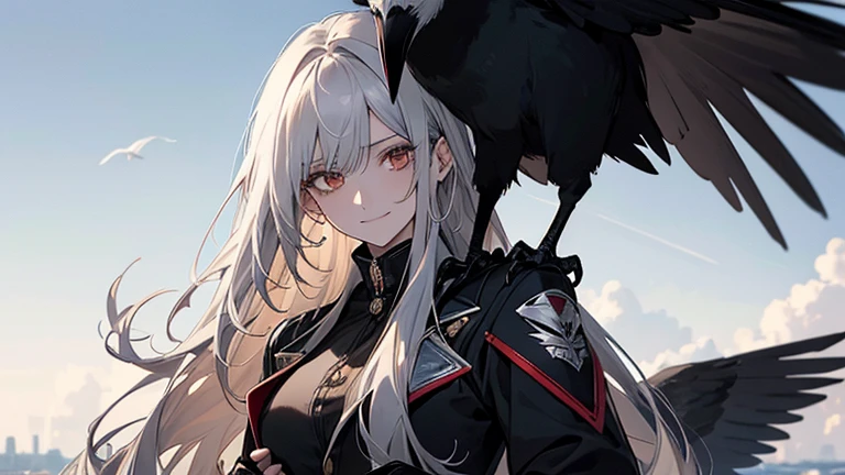 (confused, High resolution, Super detailed), 1 female, silver hair,long hair,reddish brown eyes,black pilot jacket,A crow is sitting on my shoulder,Black and white suit,20th generation,Beautiful woman,shy smile,thin,Are thin,quiet,Calm,Carrying a white crow,多くのCarrying a white crow