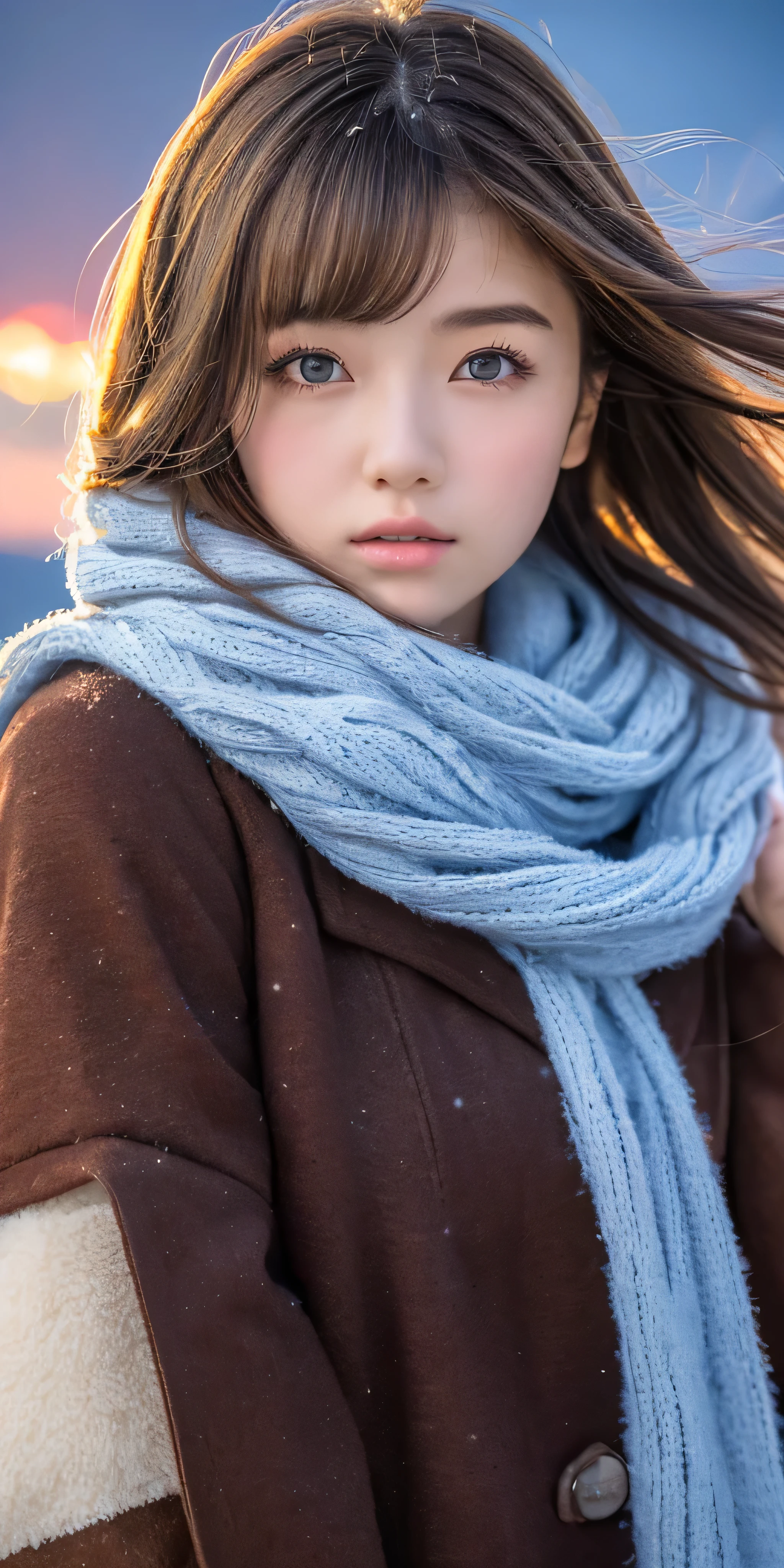 ((hair blowing in the wind、no makeup:1.2))、(realistic、Photoreal、Super detailed、best detailed skins、highest quality、masterpiece、超A high resolution)、cute russian woman、、high school girl、young girl、1 girl、have bangs、ash blonde:1.7、double eyelid、drooling eyes、Japanese style face、purity、realistic skin type、thick muffler、Gray muffler、fluffy hair、((There'hair in scarf:1.3))、red cheeks、The wind is blowing、that'It's snowing、night、illumination、Lighting from behind、hair blowing in the wind、((Antarctica、A meteor shower、A world view of the aurora))