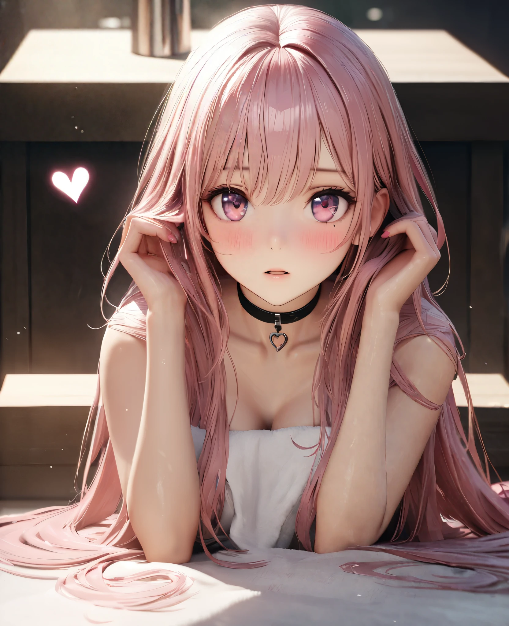Masterpiece, Best Quality, Super Detailed, High Definition, Expensive Resolution, HDR, 4k, 8K, Unity 8k Wallpaper, Super Detailed CG, Masterpiece, Realistic, 2D, 3D, Beautiful Details, Depth, Fine Texture, Super Fine: 1.3, Full concentration, crispy skin, him, very cute anime girl, expensive pink long hair, one girl, after washing hair, bath towel, pink long hair, whole body, mole under the eye, line of sight, expensive, blush, parted lips , heart, pink eyes, choker