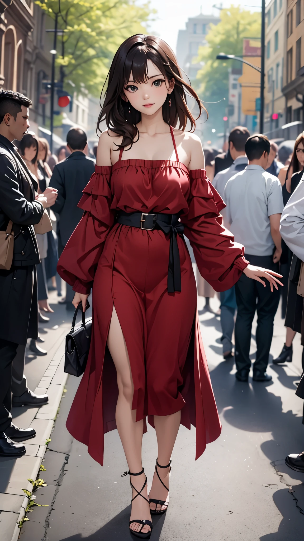 ((Biologically correct number of limbs))、(( Full body photo including face))、4K、((standing position))、masterpiece、((focus on the face))、((Symmetrical facial features))、Eyes with detailed description、Beautiful woman、outstanding style、beautiful arms、beautiful legs、beautiful hands、Detailed depiction of faces、(((National costume)))、The background is the park in the morning、look away、shy look、