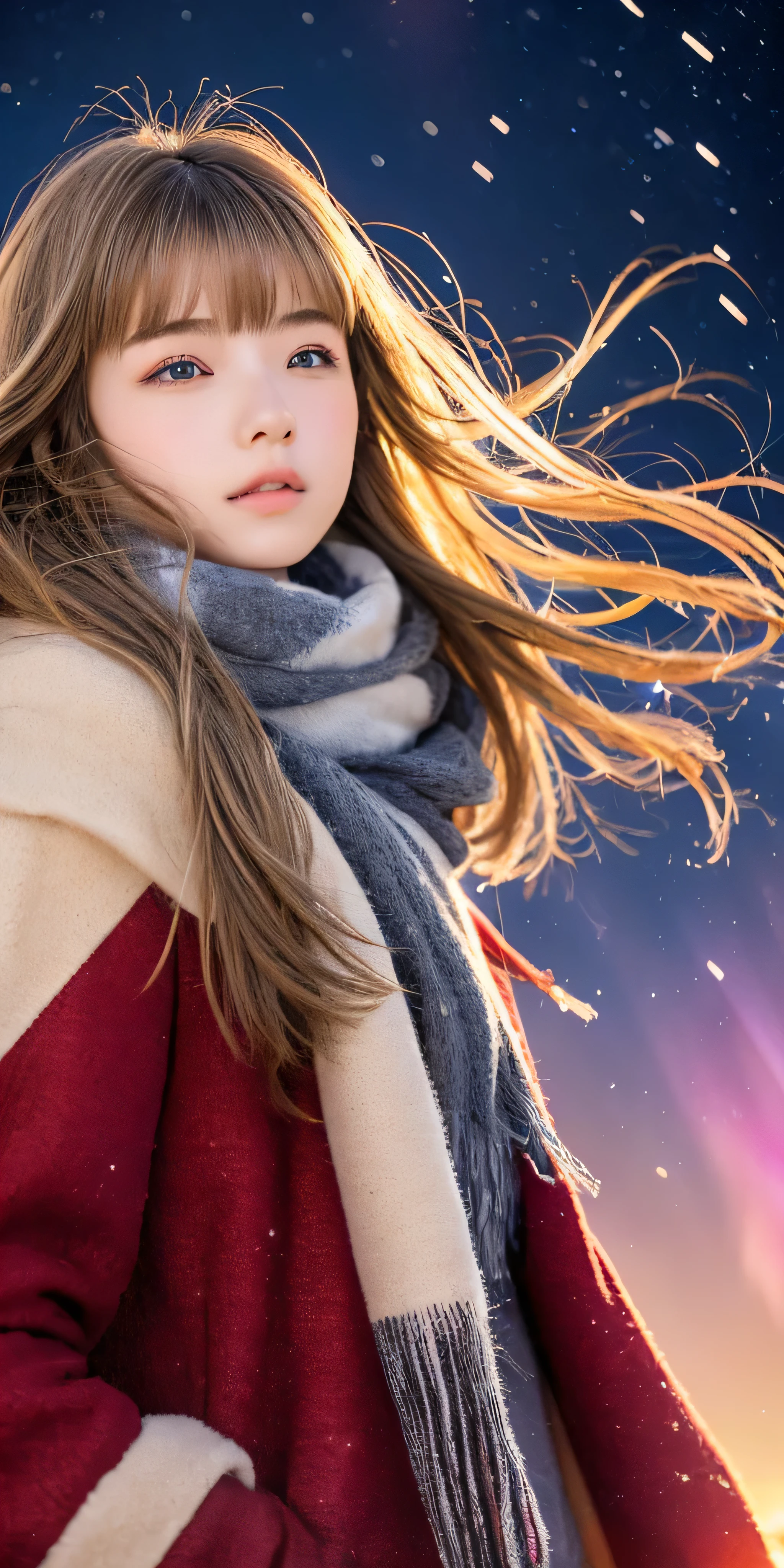 ((hair blowing in the wind、no makeup:1.2))、(realistic、Photoreal、Super detailed、best detailed skins、highest quality、masterpiece、超A high resolution)、cute russian woman、14 years、high school girl、young girl、1 girl、have bangs、ash blonde:1.7、double eyelid、drooling eyes、Japanese style face、purity、realistic skin type、thick muffler、Gray muffler、fluffy hair、((There&#39;hair in scarf:1.3))、red cheeks、The wind is blowing、that&#39;It&#39;s snowing、night、illumination、Lighting from behind、hair blowing in the wind、((Antarctica、A meteor shower、A world view of the aurora))